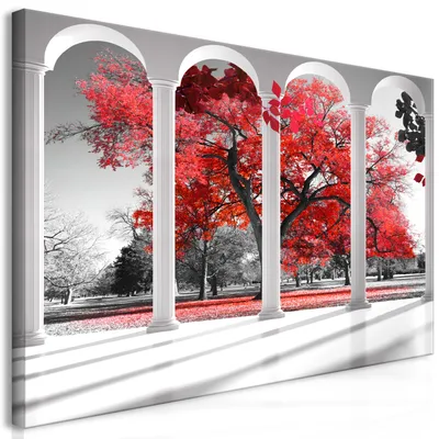 Produktbild von Wandbild Mega XXXL Fensterblick 250x125 cm Einteiliger XXL-Format Kunstdruck zur Selbstmontage Leinwandbilder moderne Bilder DIY Wanddekoration Wohnung Deko Natur Baum rot grau c-C-0358-ak-e