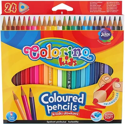A box of 24 triangular colored pencils for kids.