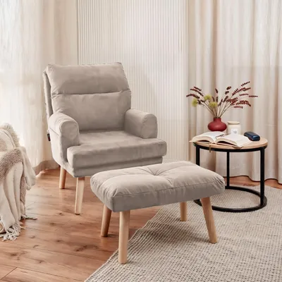 Produktbild von Idohome - Relaxsessel NEMO verstellbar mit Hocker und Holzfüßen, Farbe: Beige Trinity 02