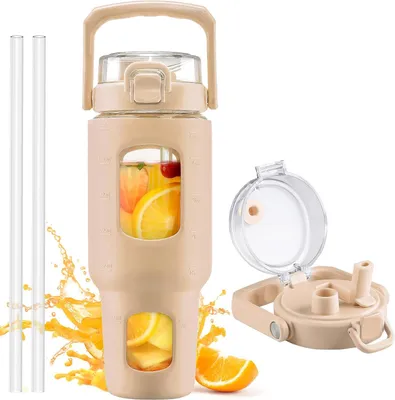 Produktbild von Glaswasserflasche 1200 ml mit Strohhalm und Griff - Ideal für den täglichen Gebrauch