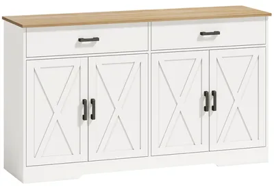 Produktbild von Sideboard Buffet Schrank, 140 cm Farmhaus Küchen-Schrank mit 2 Schubladen und 2 Schränken, Weiß