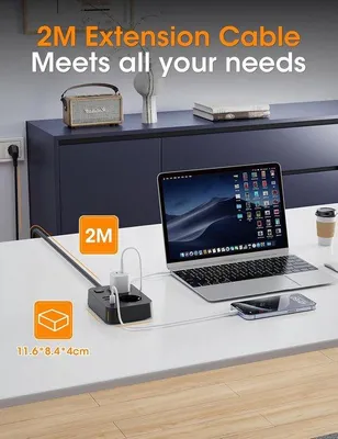 Zdjęcie produktu dla Listwa zasilająca 6 w 1 z ładowarką USB-C o mocy 20W, zabezpieczeniem przed przepięciami, 2 gniazdami z przełącznikiem i 4 portami USB, kabel zasilający o długości 2 metry