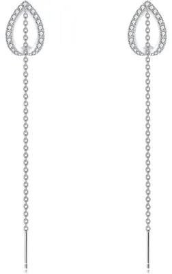 Image de Boucles d'oreilles pendantes en argent sterling 925, avec un anneau en forme de cœur et des zircons, et une longue chaîne de franges