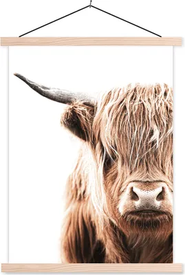 Produktbild von MuchoWow® Textilposter Schottisches Hochlandrind - Kuh - Weiß 40x53 cm mit holzfarbenen Rahmen - Schlafzimmer