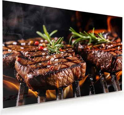 Produktbild von Glasbild 75x50cm in XXL für Wohnzimmer, Schlafzimmer Motiv Gegrillte Steaks
