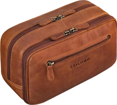 Produktbild von Vintage Leder Kulturbeutel - Kosmetiktasche - Groß - Cognac - Echt Leder