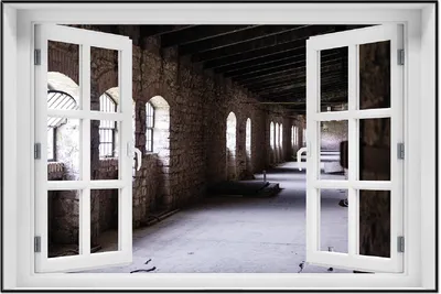Produktbild von Wallario Wandbild mit Fenster-Illusion: Altes Bauwerk - stillgelegte Fabrik, Größe: 61 x 91,5 cm, Poster mit schwarzem Aluminiumrahmen
