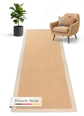Produktbild von Sisalteppich Läufer Naturfarbe 75x350 cm handgewebt mit Bordüre aus Baumwolle in Creme | Rutschfester Flachgewebe Teppichläufer Uni aus Naturfasern für Wohnzimmer, Schlafzimmer