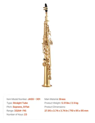 Obrázek produktu pro Sopránový saxofon, 23 klapek, včetně pouzdra, vysoký tón