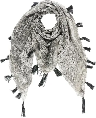 Produktbild von Baumwolltuch Indisches Blumenmuster grau marmoriert Fransen Druck schwarz 100x100cm Halstuch quadratisches Tuch