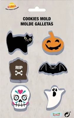 Productafbeelding van Halloween koekjessnijset: pompoen, heks, vleermuis, spook, schedel, grafsteen. Kleur: meerkleurig