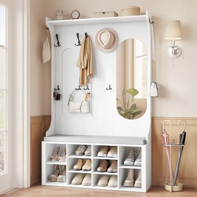 Immagine prodotto di Appendiabiti - Porta scarpe - Armadio guardaroba - Appendiabiti a parete - Mobile per l'ingresso - Bianco - Design multifunzionale 5-in-1