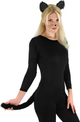 A woman wearing a black cat costume, including ears and a tail, posing for a product image.