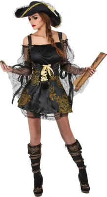 A woman wearing a pirate costume.