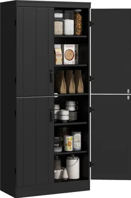 Image de HOMCOM Buffet haut cuisine, armoire de cuisine, vaisselier avec 4 portes à 6 niveaux et étagères réglables, meuble de rangement pour salon, salle à manger, 76 x 40 x 176,7 cm, noir