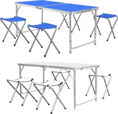 Obrázok produktu pre Kempingový skladací stôl 5-dielny - Skladací - Kempingový stôl na záhradu a kempovanie - Skladací so 4 stoličkami - Hliník 120 cm - Modrý