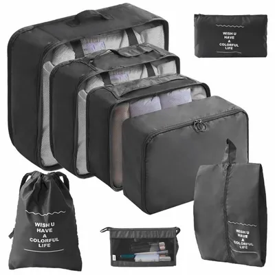 Produktbild von 8er-Set Reise-Aufbewahrungstaschen Set, wasserdichte Organizer, verschiedene Größen, faltbar, leicht, Schwarz