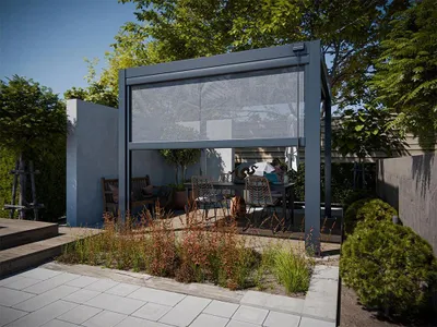 Produktbild von Outgarden Anthrazit 3x3 Meter Pergola Sonnenschutzrollo, Kompatibel mit Aira Solis Natura Terra Aluminium Pergolen, Wetterschutz Markise, UV Schutz, Wind und Regenbeständig
