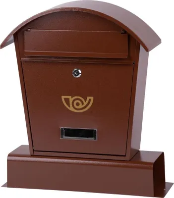 A brown mailbox with a curved roof and a postal logo.