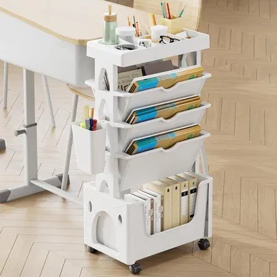 Produktbild von Famanu Bücherregal mit Rollen, mobiler Bücherwagen, 5-stufiger Rollwagen für Büro, Küche, Schlafzimmer, Badezimmer (weiß)