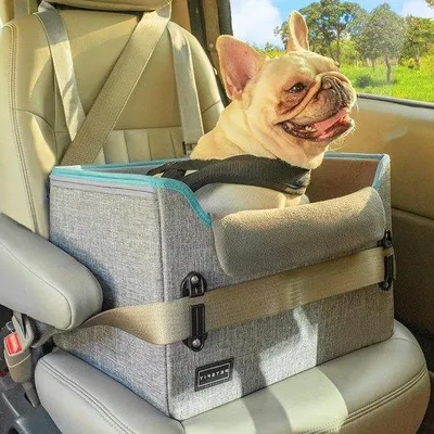 Produktbild von Unyqoos® Hundeautositz für kleine Hunde 41×33×28,5 cm, bis 11 kg – Autositz für Rückbank & Vordersitz, faltbar, grau mit Fleecepolster