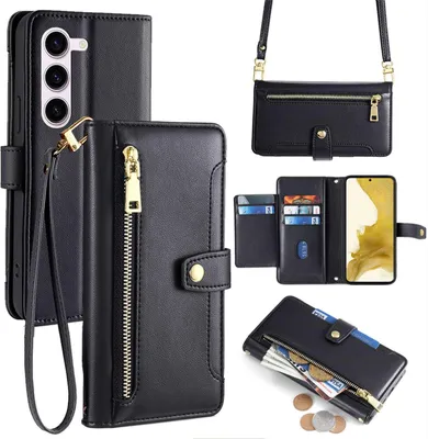Produktbild von Handykette Samsung Hülle mit Band Handyhülle Kartenfächer Kunstleder Umhängetasche Galaxy S22 Schwarz