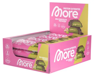 Productafbeelding van More Nutrition Protein Satisbites - 12 repen, 2x25g, melkchocolade met pistachenoten