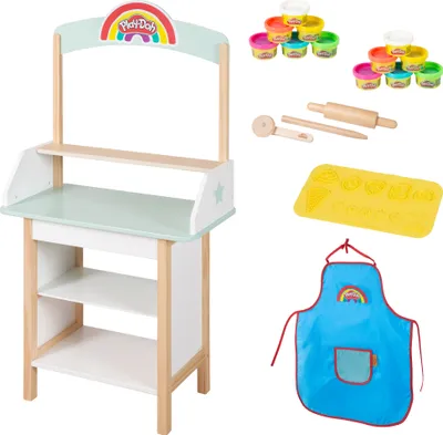 Produktbild von roba x Play-Doh Eisstand - Spielset ausem Holz mit 12 Knetdosen, Holzwerkzeug, Schürze & 3D-Matte - Kreativer Verkaufsstand