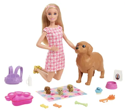 Productafbeelding van Barbie-pop (blond) met hond en puppy's, set inclusief accessoires