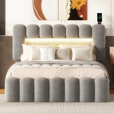 Produktbild von MODFU Polsterbett Funktionelles 140 x 200 cm mit LED-Lichtleiste mit USB und Stereoanlage, Doppelbett Stauraumbett mit 4 Schubladen, Samt Grau(Ohne Matratze)