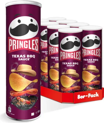 Produktbild von Pringles Texas BBQ Sauce (8 x 165 g) – der unwiderstehliche Snack-Klassiker in der praktischen Dose – knackige Chips mit Barbequesauce-Geschmack – Pop. Play. Eat.