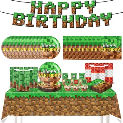 Image de Inovra - Décoration d'anniversaire, 66 pièces - Décoration pixelisée pour fête - Nappe - Guirlande - Serviettes - Décoration de gâteau - Sacs cadeaux