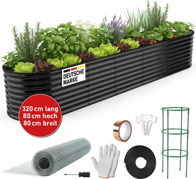 Produktbild von BRAST Hochbeet Metall Julia Maxi | 320x80x80cm Schwarz | extra viel Zubehör | Stahl rostfrei & verzinkt | wetterfest ovale Form | für Gemüse Obst Kräuter & Blumen