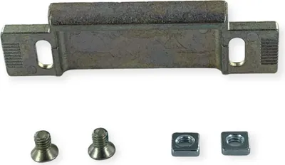 A metal bracket and hardware are laid out on a white background.