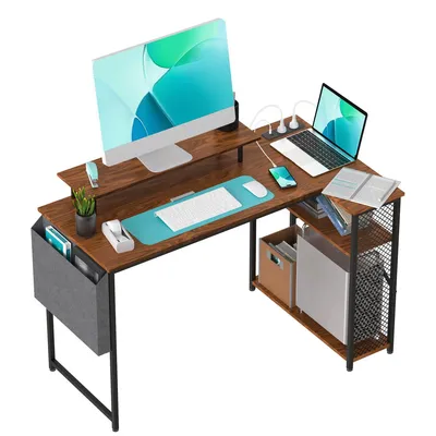 Produktbild von 120x70cm L-förmiger Schreibtisch mit Steckdosen, Gaming Tisch mit 2 Regalen, Computertisch mit Monitorständer, PC-Arbeitsplatz für Homeoffice, Schwarz