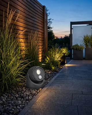 Produktbild von LED Batterie Außenleuchte Strahler Flutlicht Bewegungsmelder Erdspieß Batterien Grau