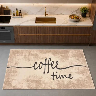 Produktbild von Grafischer Küchenteppich Beige mit Coffee-Time-Typografie und Linie Größe - 80 x 200 cm
