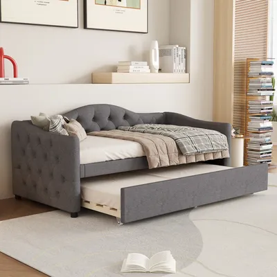 Immagine prodotto di okwish divano letto daybed 90x200cm con sotto letto estraibile 90x190cm e rete a doghe, daybed letto per bambini letto per ragazzi (con materasso) - grigio