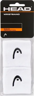 Product packaging for a pair of white wristbands with black embroidered logos.