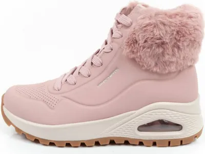 A side view of a pink Skechers boot with faux fur trim.