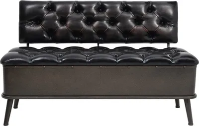 A studio shot of a black tufted storage bench with a backrest.