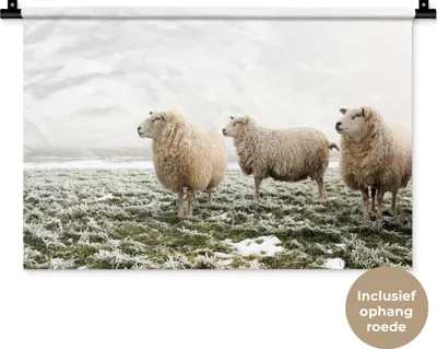 Produktbild von MuchoWow® Wandteppich Wandbehang Schafe - Nebel - Winter 60x40 cm Tapisserie Dekoration Wandtuch - Wanddekorationen