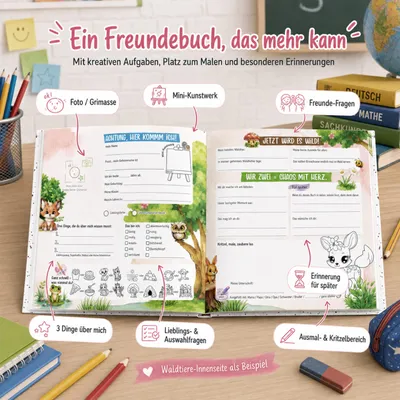 Produktbild von Freundebuch Grundschule Katze 21x21 cm Hardcover, 92 Seiten, 32 Freunde & 9 Erwachsene