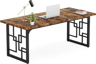 Imagen del producto de Escritorio para ordenador, madera y metal. Escritorio de oficina grande, moderno, para PC, ideal para trabajar en casa, estudiar o jugar. Mesa de trabajo estable con diseño vintage en color marrón y , de 160 cm