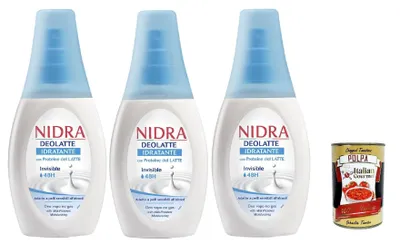 Produktbild von Nidra Deodorante Deolatte Idratante Deodorant Vapo No Gas mit Milchproteinen 0% Alkohol 3x 75ml + Italian Gourmet polpa 400g