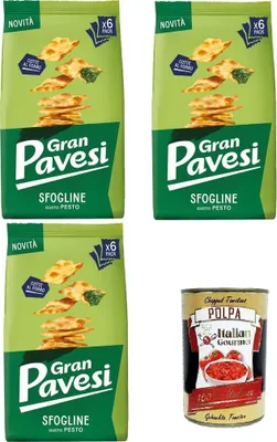 Produktbild von Gran Pavesi Sfogline Snack croccante di pasta sfoglia al gusto di Pesto Knuspriger Blätterteig-Snack mit Pesto-Geschmack, gebacken 3x180gr+Polpa 400g