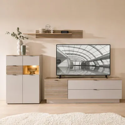 Produktbild von Wohnwand in Beige mit Eiche, inkl. Beleuchtung, Highboard & 2 Lowboards & Wandboard, 4-teilig - ISCHIA-36
