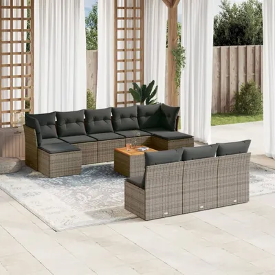 Produktbild von Design 11-tlg. Garten-Sofagarnitur mit Kissen Grau Poly Rattan, Gartenmöbel-Sets 2024 Neu