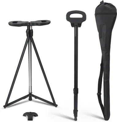 Image de Béquille avec siège - Siège pliable - Repos pendant la marche - Légère et réglable - Supporte jusqu'à 150 kg - Noir