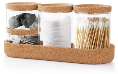 Immagine prodotto di Omgoods - Set di 4 dispenser trasparenti per Cotone fioc con coperchio in sughero